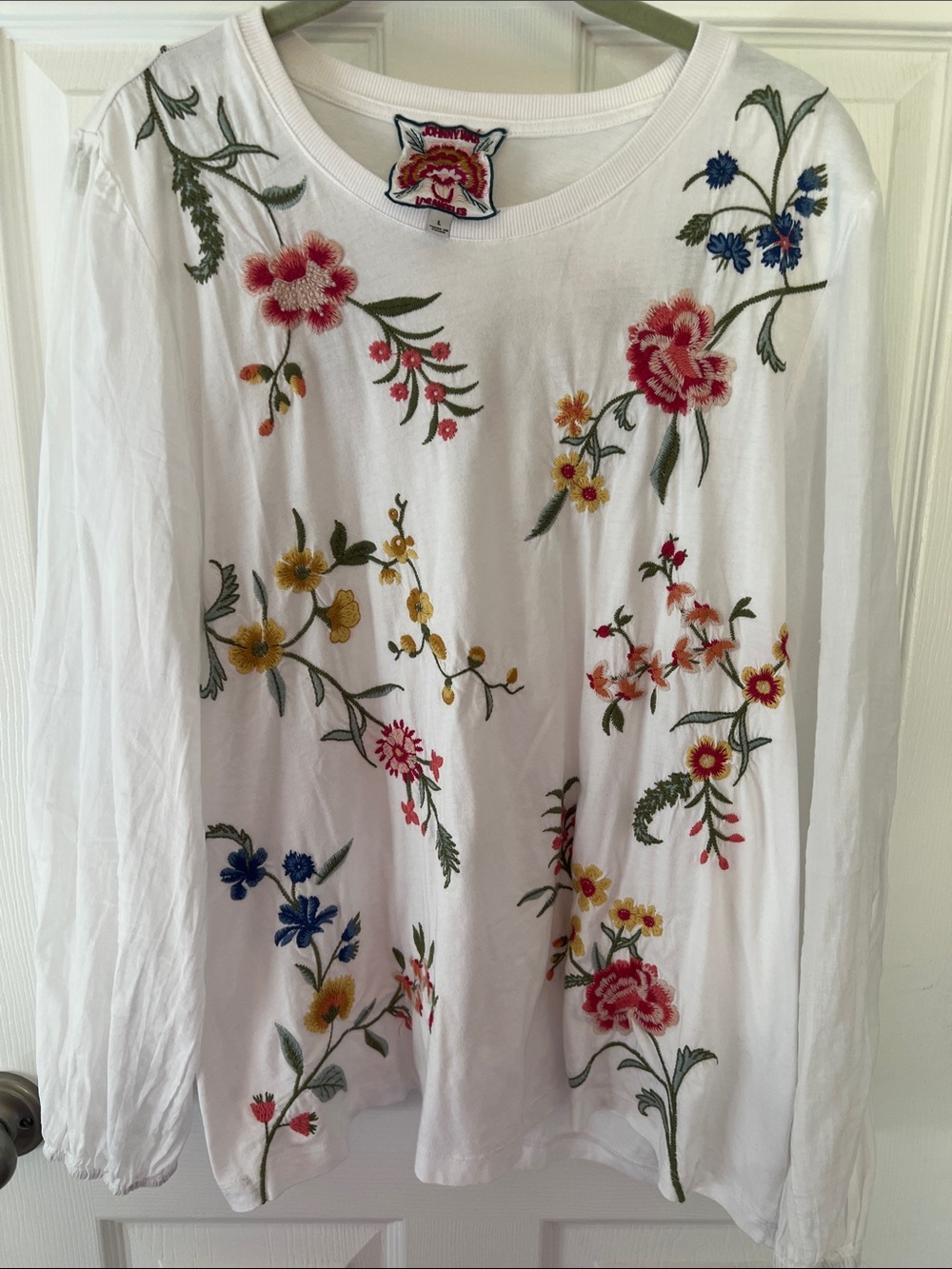 Johnny Was White Long-Sleeve Tee with Multicolor Floral Embroidery